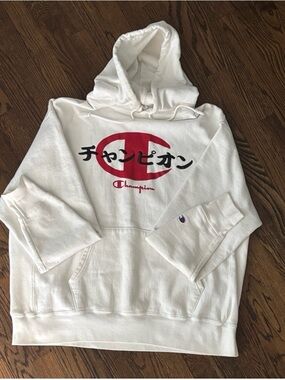 Champion White Crewneck Hoodie with Red Logo and Black Japanese Script